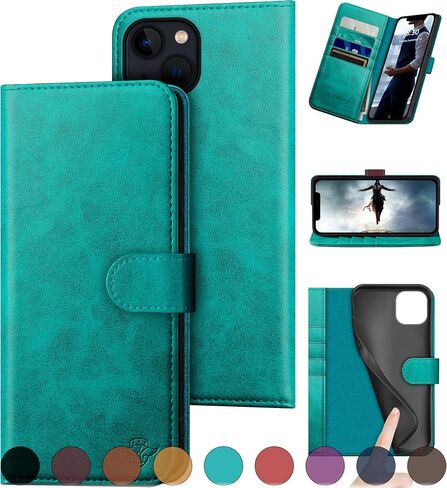 for iPhone 13 6.1" Genuine Leather Wallet case 【RFID Blocking】【4 Credit Card Holder】【Real Leather】 Flip Folio Book Phone case Protective Cover Women Men for Apple 13 case Light Brown in Saudi Arabia