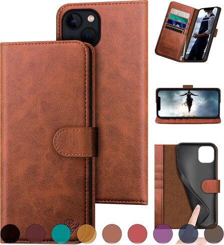 for iPhone 13 6.1" Genuine Leather Wallet case 【RFID Blocking】【4 Credit Card Holder】【Real Leather】 Flip Folio Book Phone case Protective Cover Women Men for Apple 13 case Light Brown in Saudi Arabia