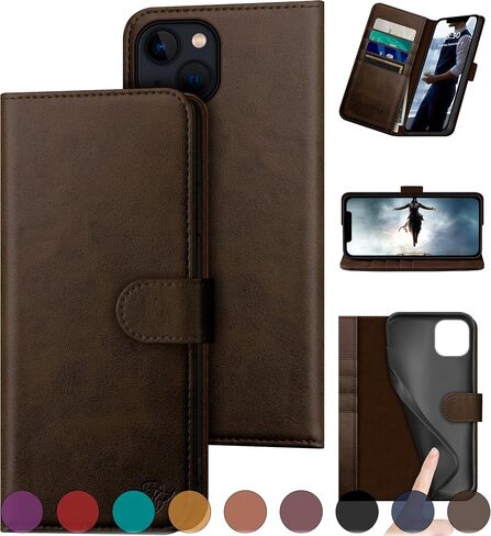 for iPhone 13 6.1" Genuine Leather Wallet case 【RFID Blocking】【4 Credit Card Holder】【Real Leather】 Flip Folio Book Phone case Protective Cover Women Men for Apple 13 case Light Brown in Saudi Arabia