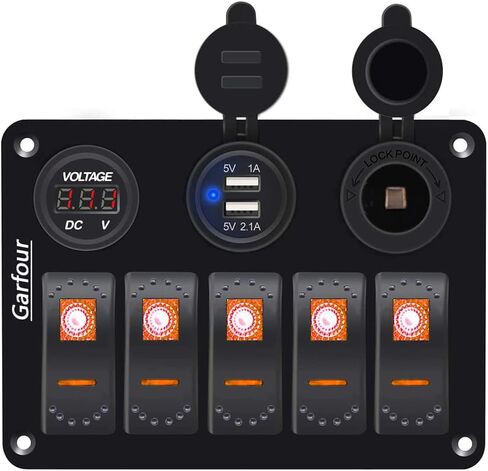 Garfour Waterproof Green Boat Rocker Switch Panel 3.1A Volt Dual USB Socket LED Light Voltmeter Cigarette Lighter Socket 5 Bang Rocker Switch Panel for Car RV SUV Boat in Saudi Arabia