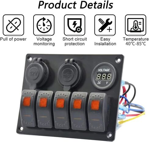 Garfour Waterproof Green Boat Rocker Switch Panel 3.1A Volt Dual USB Socket LED Light Voltmeter Cigarette Lighter Socket 5 Bang Rocker Switch Panel for Car RV SUV Boat in Saudi Arabia