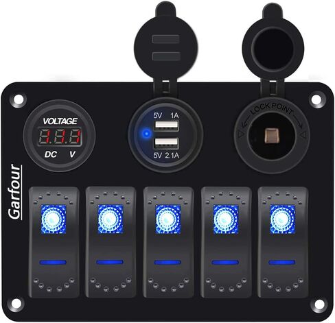 Garfour Waterproof Green Boat Rocker Switch Panel 3.1A Volt Dual USB Socket LED Light Voltmeter Cigarette Lighter Socket 5 Bang Rocker Switch Panel for Car RV SUV Boat in Saudi Arabia