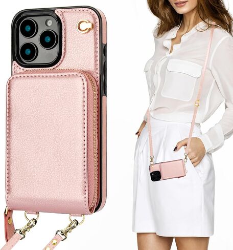 حافظة محفظة KIHUWEY Crossbody لهاتف iPhone 16 Pro Max، حافظة جيب بسحاب مع حامل بطاقة، حافظة حماية من جلد البولي يوريثان RFID مع مسند حزام معصم قابل للفصل 6.9 بوصة (ذهبي وردي) in Kuwait