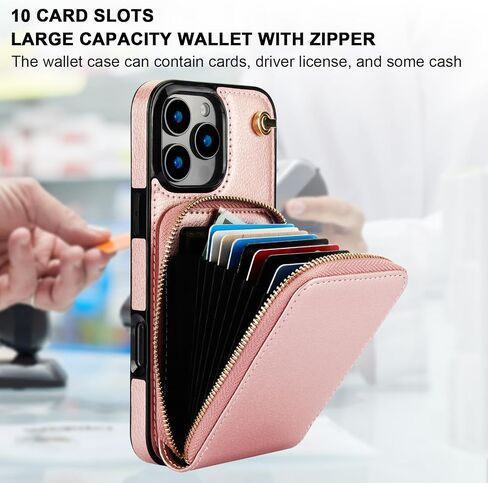 حافظة محفظة KIHUWEY Crossbody لهاتف iPhone 16 Pro Max، حافظة جيب بسحاب مع حامل بطاقة، حافظة حماية من جلد البولي يوريثان RFID مع مسند حزام معصم قابل للفصل 6.9 بوصة (ذهبي وردي) in Kuwait