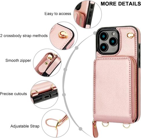حافظة محفظة KIHUWEY Crossbody لهاتف iPhone 16 Pro Max، حافظة جيب بسحاب مع حامل بطاقة، حافظة حماية من جلد البولي يوريثان RFID مع مسند حزام معصم قابل للفصل 6.9 بوصة (ذهبي وردي) in Kuwait