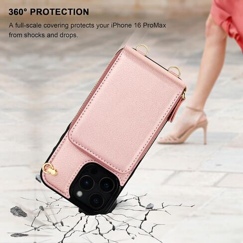 حافظة محفظة KIHUWEY Crossbody لهاتف iPhone 16 Pro Max، حافظة جيب بسحاب مع حامل بطاقة، حافظة حماية من جلد البولي يوريثان RFID مع مسند حزام معصم قابل للفصل 6.9 بوصة (ذهبي وردي) in Kuwait