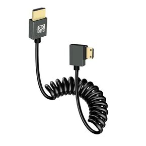GELRHONR Mini HDMI to HDMI Coiled Cable, Ultra Thin Mini HDMI Cable 2.1 Version High Speed 48Gbps, Support 8K@60Hz 3D,for DSLR Camera Camcorder, HDTV, Laptop (Left Angle)