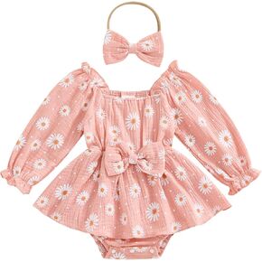 2pcs Infant Baby Girls Romper Dress Headband Long Sleeve Flowers Newborn Boho Girl Outfit Jumpsuit Clothes
