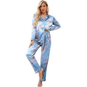 Ekouaer Pjs Women Classic Soft Long Sleeve Bridal Pajama Set Silk Satin Pjs Set(PAT5,Large)