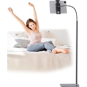 cretopwin Gooseneck Tablet Floor Stand with Stable Aluminum Base,Adjustable Metal Tablet Stand Holder for 4"-12.9" Smart Phone & Tablet,Cell Phone,eBook Reader White