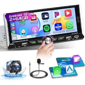 [2+64G] Hikity Single Din Android 13 Car Stereo Wireless Carplay Android Auto, 6.9 Inch HD Touchscreen Car Radio with GPS Navigation WiFi BT FM RDS Backup Camera & Microphone