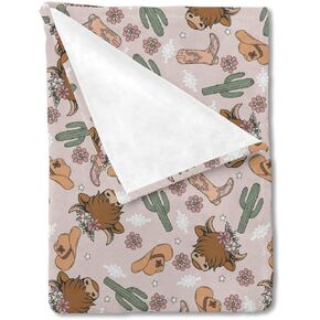 HawSkgFub Pink Highland Cow Cactus Floral Baby Blanket Girl Gift, Boho Western Cowgirl Boot Flower Flannel Fleece Nursery Bed Blankets, Soft Lightweight Newborn Infant Toddler Kid Crib Bedding 30 x 40