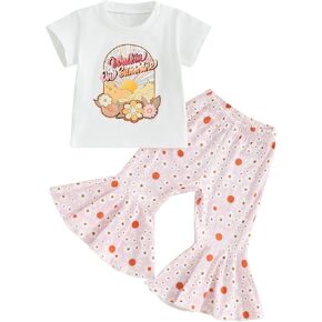 Toddler Baby Girl Summer Clothes Cow Print Short Sleeve T-Shirt Tops Bell Bottoms Pants Set Western Outfits
