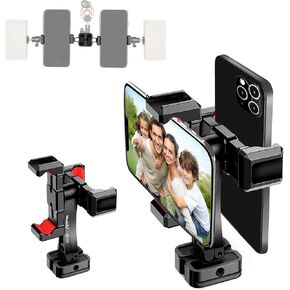 Manbily Phone Tripod Mount, Metal Smartphone Mount Adapter with Dual Phone Holder, 360° Swivel 180° Flip Adjustable Clip Clamp with Cold Shoe, for Selfie Stick Vlog Live Streaming