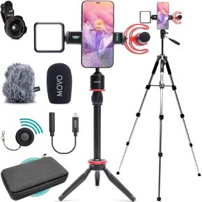 Movo iVlog1-IP Vlogging Kit for iPhone 15 and up with Fullsize Tripod - USB-C Compatible Vlog Kit - Accessories: Shotgun Mic, Tripods, LED Light, Wide-Angle Lens for YouTube Starter Kit