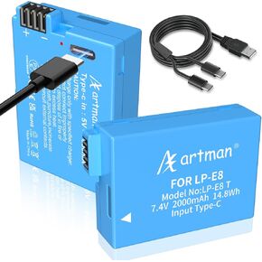 Artman 2-Pack LP-E8 Battery 2000mAh with 2 in 1 USB-C Charging Cable Compatible with Canon EOS Rebel T2i, T3i, T4i, T5i, 550D, 600D, 650D, 700D, Kiss X4, Kiss X5, Kiss X6, LC-E8E Digital Cameras