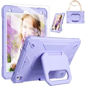 for iPad 9th/ 8th/ 7th Generation Case 10.2'',with Tempered Glass Screen Protector, Rugged Protective Case with Folding Stand/Pencil Holder/Shoulder Strap for iPad 10.2 9/8/7 Case (Blue+Yellow)