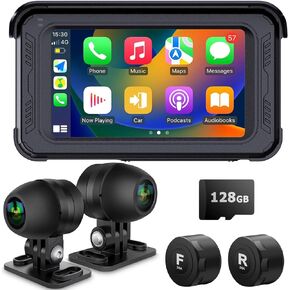 Waterproof Motorcycle Dash Cam with Wireless CarPlay & Android Auto, 5'' IPS Touch Screen, Front and Rear Camera HD 1080P, TPMS, Bluetooth, Wi-Fi, GPS, 128GB Included