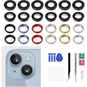 6 Sets for iPhone 14 Blue Back Camera Lens Cover Replacement for iPhone 14 Plus Purple Yellow Midnight Starlight Red Rear Camera Lens Metal Frame with Fix Tool Repair Kit Tweezers