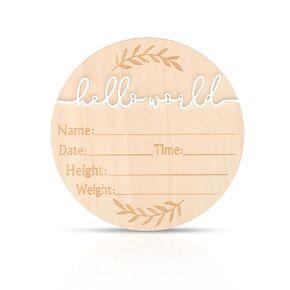Baby Announcement Sign, 5.9 Inch Wooden Hello World Baby Name Plaque, Newborn Welcome Sign, Birth Announcement Sign for Hospital Photo Prop Home Decorations