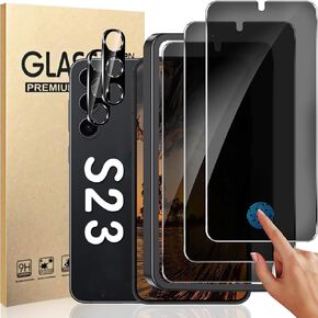 3+2 واقي شاشة للخصوصية وحماية عدسة الكاميرا لهاتف Galaxy S23 5G، مضاد للتجسس صلابة 9H يدعم بصمة الإصبع وفتح واقي شاشة زجاجي مقوى لهاتف Samsung Galaxy S23