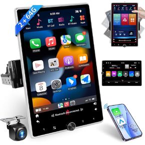 2+64G Single Din Car Radio Stereo 10.4 Inch Android Wireless Carplay Android Auto Manual Rotating Screen, Phonelink HiFi Bluetooth GPS Navigation WiFi FM/RDS Radio AHD Backup Camera
