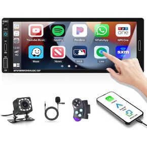 SIXWIN Single Din Touchscreen Car Stereo with Carplay Android Auto 6.86 Inch Touchscreen 1 Din Car Radio with Backup Camera Bluetooth Hands Free FM Mirror Link MIC SWC Car MP5 Player with USB/AUX/SD