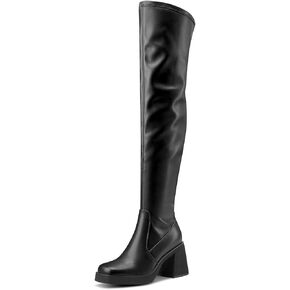 DearOnly Chunky Block Heel Platform Thigh High Boots Square Toe Over The Knee High Boots with Side Zipper, Fashion Stretch GoGo Boots Dress Shoes 3.2 Inches Heels