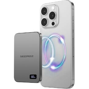 Magnetic Portable Charger 5000mAh, Ultra Slim 15W Wireless Portable Charger Fast Charging Compatible with iPhone 15/14/13/12 Pro/Pro Max/Plus, USB-C Cable to Charge Other Phones, LED Display(Grey)