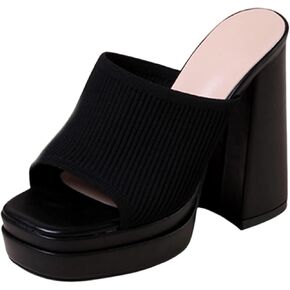 Women's Stretch Knitted Platform Chunky Heels Sexy Sandals Fashion Square Open Toe Block High Heeled Slip-On Y2K Slippers Summer Comfortable Slip On Party Dress Pump Mules Shoes