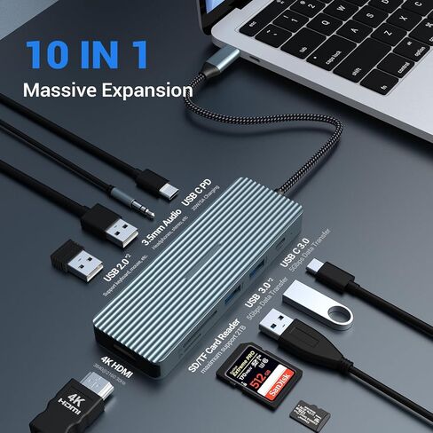 10 in 1 USB C Hub, Tymyp Docking Station with 4K HDMI, 2X USB 3.0, USB-C 3.0, 2X USB 2.0, 100W Charging, SD/TF Card Reader, Audio, for Laptops, iPad in Saudi Arabia