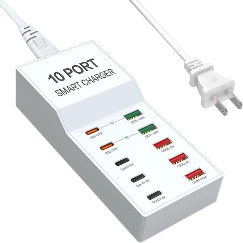 محطة شحن USB C، كتلة شاحن USB C، شاحن USB متعدد 72 وات 10 منافذ USB شاحن حائط USB لسطح المكتب مع PD QC 5 USB C 5 USB A متوافق مع iPhone وGalaxy وiPad Tablet والأجهزة الأخرى in Kuwait