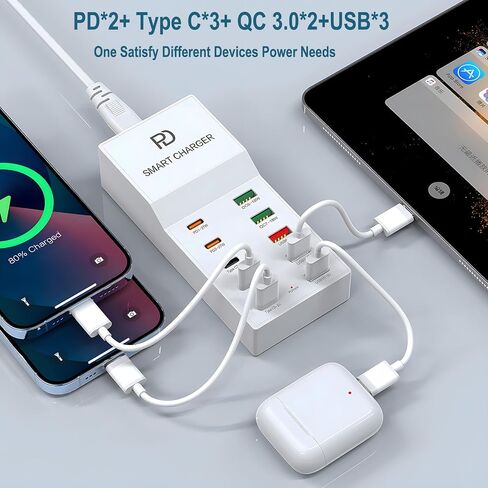 محطة شحن USB C، كتلة شاحن USB C، شاحن USB متعدد 72 وات 10 منافذ USB شاحن حائط USB لسطح المكتب مع PD QC 5 USB C 5 USB A متوافق مع iPhone وGalaxy وiPad Tablet والأجهزة الأخرى in Kuwait