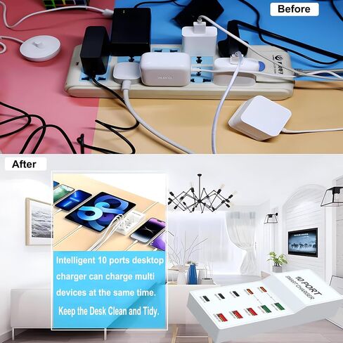 محطة شحن USB C، كتلة شاحن USB C، شاحن USB متعدد 72 وات 10 منافذ USB شاحن حائط USB لسطح المكتب مع PD QC 5 USB C 5 USB A متوافق مع iPhone وGalaxy وiPad Tablet والأجهزة الأخرى in Kuwait