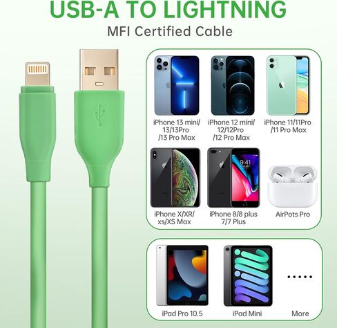 USB A to Lightning Cable 3.3FT 6.6FT, [Apple MFi Certified], Long Lightning Silicone Fast Charging Cable, Suitable for iPhone 14/14 Pro/13/12 Pro Max/12/11/X/XS/8 Plus and More（Silicone Green） in Saudi Arabia