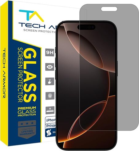 واقي شاشة للخصوصية من Tech Armor لهاتف iPhone 16 Pro مقاس 6.3 بوصة - زجاج مقوى باليستي، مضاد للتجسس، صديق للحافظة، سهل التركيب، خالي من الفقاعات، دعم اللمس، عبوة واحدة in Kuwait