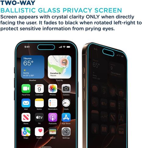 واقي شاشة للخصوصية من Tech Armor لهاتف iPhone 16 Pro مقاس 6.3 بوصة - زجاج مقوى باليستي، مضاد للتجسس، صديق للحافظة، سهل التركيب، خالي من الفقاعات، دعم اللمس، عبوة واحدة in Kuwait