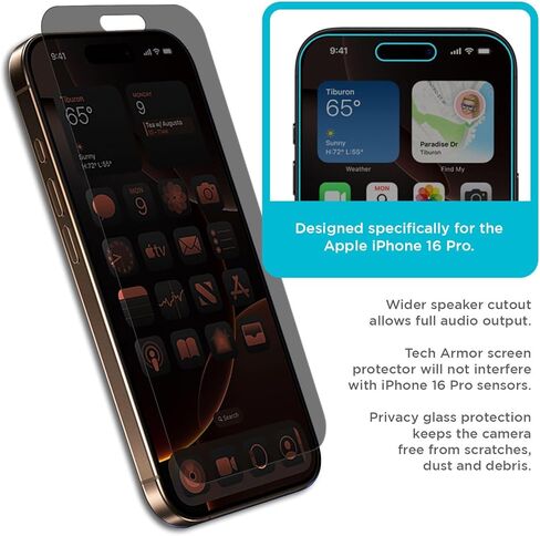 واقي شاشة للخصوصية من Tech Armor لهاتف iPhone 16 Pro مقاس 6.3 بوصة - زجاج مقوى باليستي، مضاد للتجسس، صديق للحافظة، سهل التركيب، خالي من الفقاعات، دعم اللمس، عبوة واحدة in Kuwait