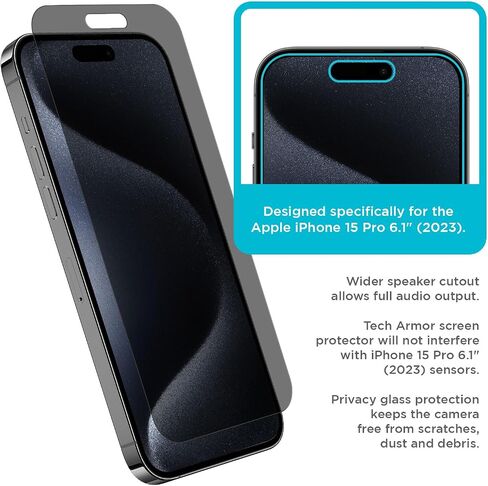 واقي شاشة للخصوصية من Tech Armor لهاتف iPhone 16 Pro مقاس 6.3 بوصة - زجاج مقوى باليستي، مضاد للتجسس، صديق للحافظة، سهل التركيب، خالي من الفقاعات، دعم اللمس، عبوة واحدة in Kuwait