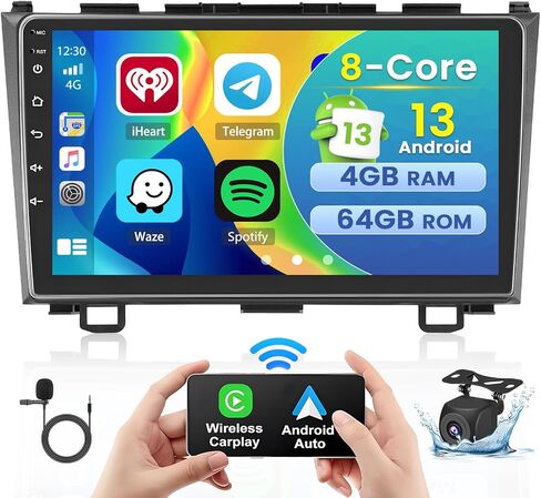 Fuluku【2+64GB】 for Honda CRV 2007-2011 Android 13 Carplay Stereo with Wireless Carplay Android Auto, 9'' Touch Screen Car Radio GPS WiFi, Bluetooth SWC Mic Backup Camera Mirror Link FM RDS in Kuwait