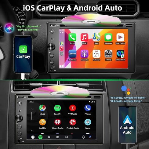 ستيريو سيارة مزدوج الدين مع مشغل أقراص CD/DVD، ستيريو سيارة بشاشة تعمل باللمس 7 بوصة مع Apple CarPlay وAndroid Auto، Bluetooth5.2، كاميرا احتياطية، وصلة مرآة، مضخم صوت، SWC، مضخم صوت، مستقبل راديو السيارة AM/FM in Saudi Arabia