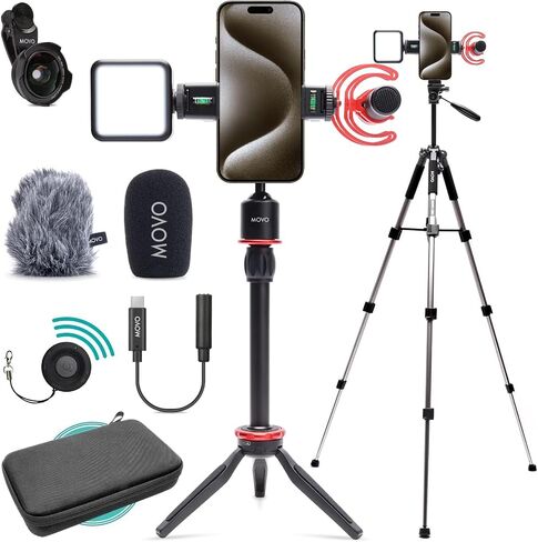 Movo iVlog1-IP Vlogging Kit for iPhone 15 and up with Fullsize Tripod - USB-C Compatible Vlog Kit - Accessories: Shotgun Mic, Tripods, LED Light, Wide-Angle Lens for YouTube Starter Kit in Saudi Arabia