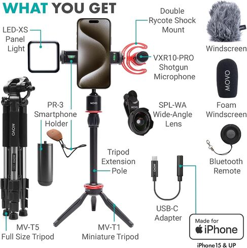 Movo iVlog1-IP Vlogging Kit for iPhone 15 and up with Fullsize Tripod - USB-C Compatible Vlog Kit - Accessories: Shotgun Mic, Tripods, LED Light, Wide-Angle Lens for YouTube Starter Kit in Saudi Arabia