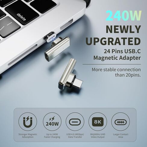 محول مغناطيسي USB C بقدرة 240 وات، حزمة واحدة من المحولات المغناطيسية 90 درجة مع موصلين، شحن سريع 24 سنًا بسرعة 40 جيجابت في الثانية 8K 60 هرتز لجهاز Thunderbolt 3/4، وMacBook Pro/Air/، والكمبيوتر المحمول، وiPhone 15Pro/Max in Kuwait
