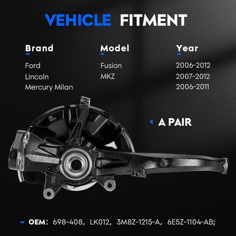 Front Right Side Steering Knuckle & Wheel Bearing Hub Assembly Compatible with Ford Fusion 06-2012, for Lincoln MKZ 07-2012, for Zephyr 06, for Mercury Milan 06-2011, Replace for 698-408, LK012 in Kuwait