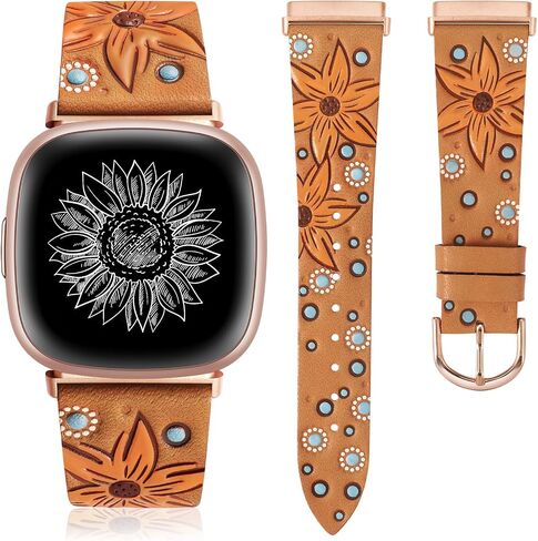 Minyee Leather Band Compatible with Fitbit Versa 4/Versa 3/Fitbit Sense 2/Sense Band Women, Boho Western Embossed Sunflower Floral Designer Cute Fancy Slim Thin Leather Strap for Versa 4 Smartwatch in Kuwait