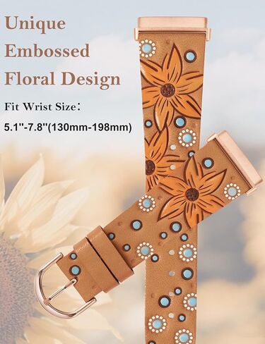 Minyee Leather Band Compatible with Fitbit Versa 4/Versa 3/Fitbit Sense 2/Sense Band Women, Boho Western Embossed Sunflower Floral Designer Cute Fancy Slim Thin Leather Strap for Versa 4 Smartwatch in Kuwait