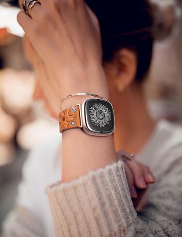 Minyee Leather Band Compatible with Fitbit Versa 4/Versa 3/Fitbit Sense 2/Sense Band Women, Boho Western Embossed Sunflower Floral Designer Cute Fancy Slim Thin Leather Strap for Versa 4 Smartwatch in Kuwait