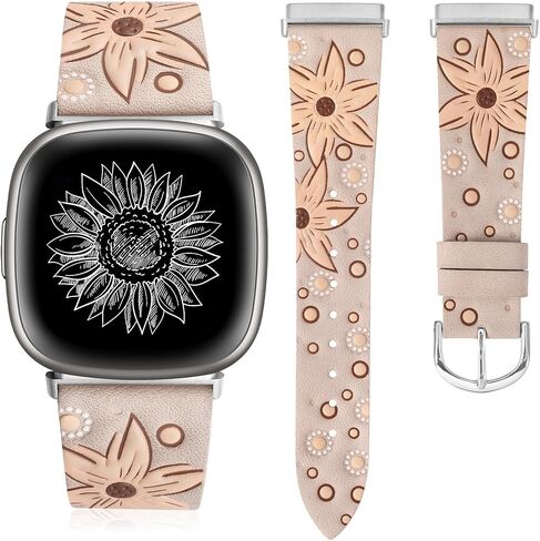 Minyee Leather Band Compatible with Fitbit Versa 4/Versa 3/Fitbit Sense 2/Sense Band Women, Boho Western Embossed Sunflower Floral Designer Cute Fancy Slim Thin Leather Strap for Versa 4 Smartwatch in Kuwait