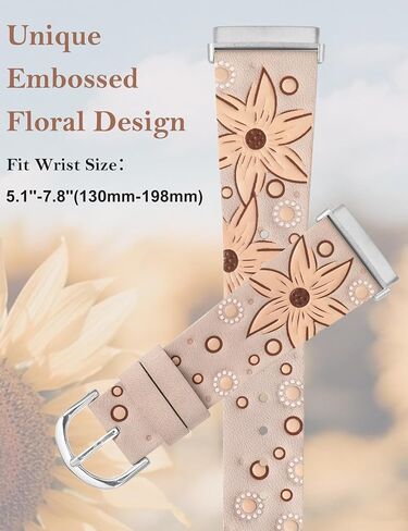 Minyee Leather Band Compatible with Fitbit Versa 4/Versa 3/Fitbit Sense 2/Sense Band Women, Boho Western Embossed Sunflower Floral Designer Cute Fancy Slim Thin Leather Strap for Versa 4 Smartwatch in Kuwait
